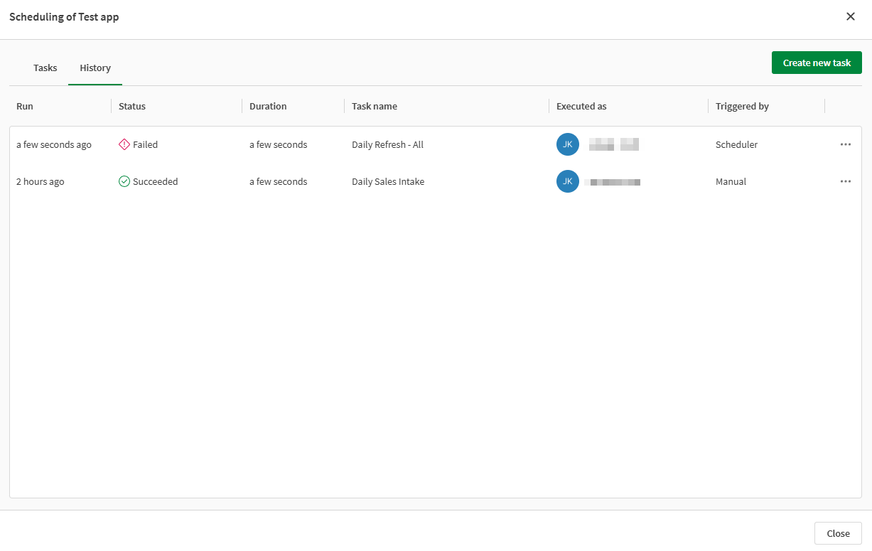 Click to view full size Scheduling dialog with the 'History' tab open