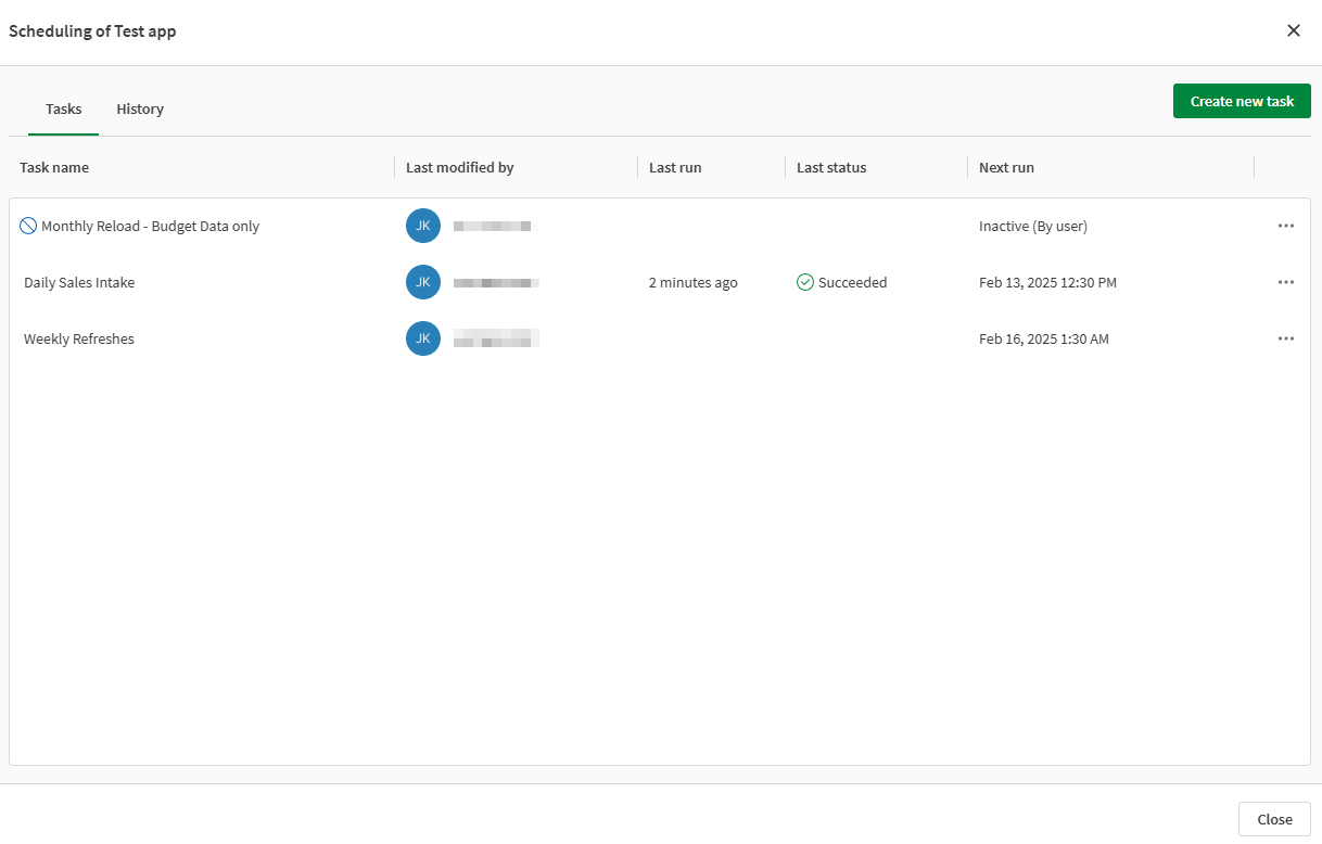 Click to view full size Scheduling dialog showing tasks for an app