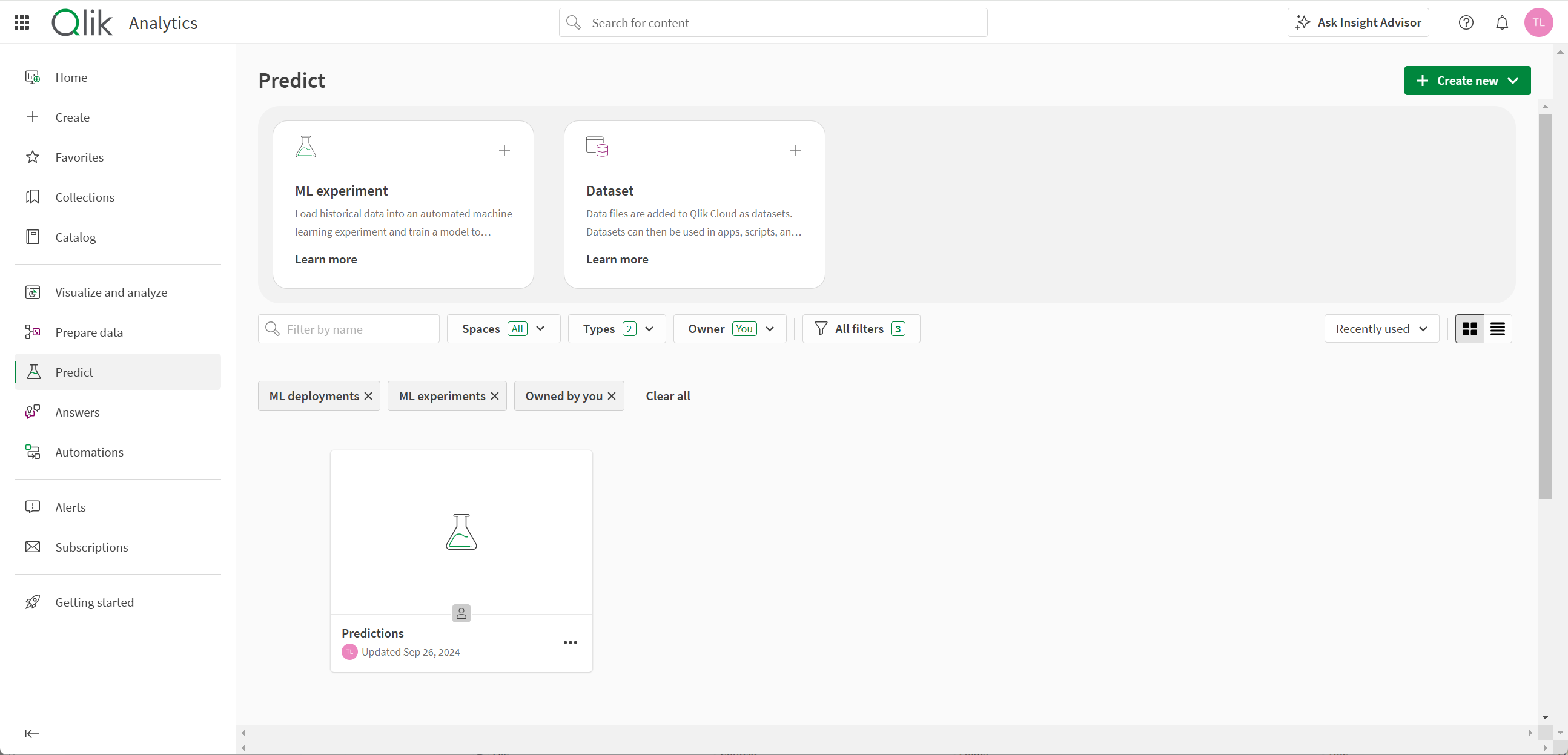 The Predict mini-home, showing ML experiment creation options along the top and ML deployments and experiments owned by the user along the bottom.