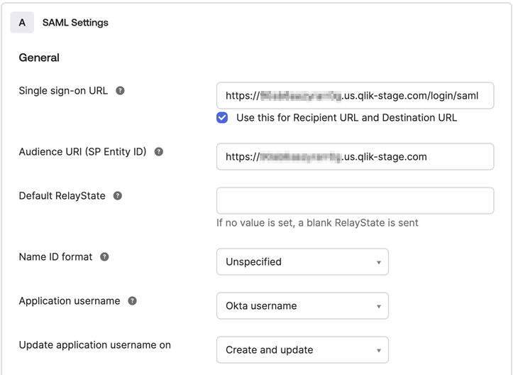 SAML settings pane.