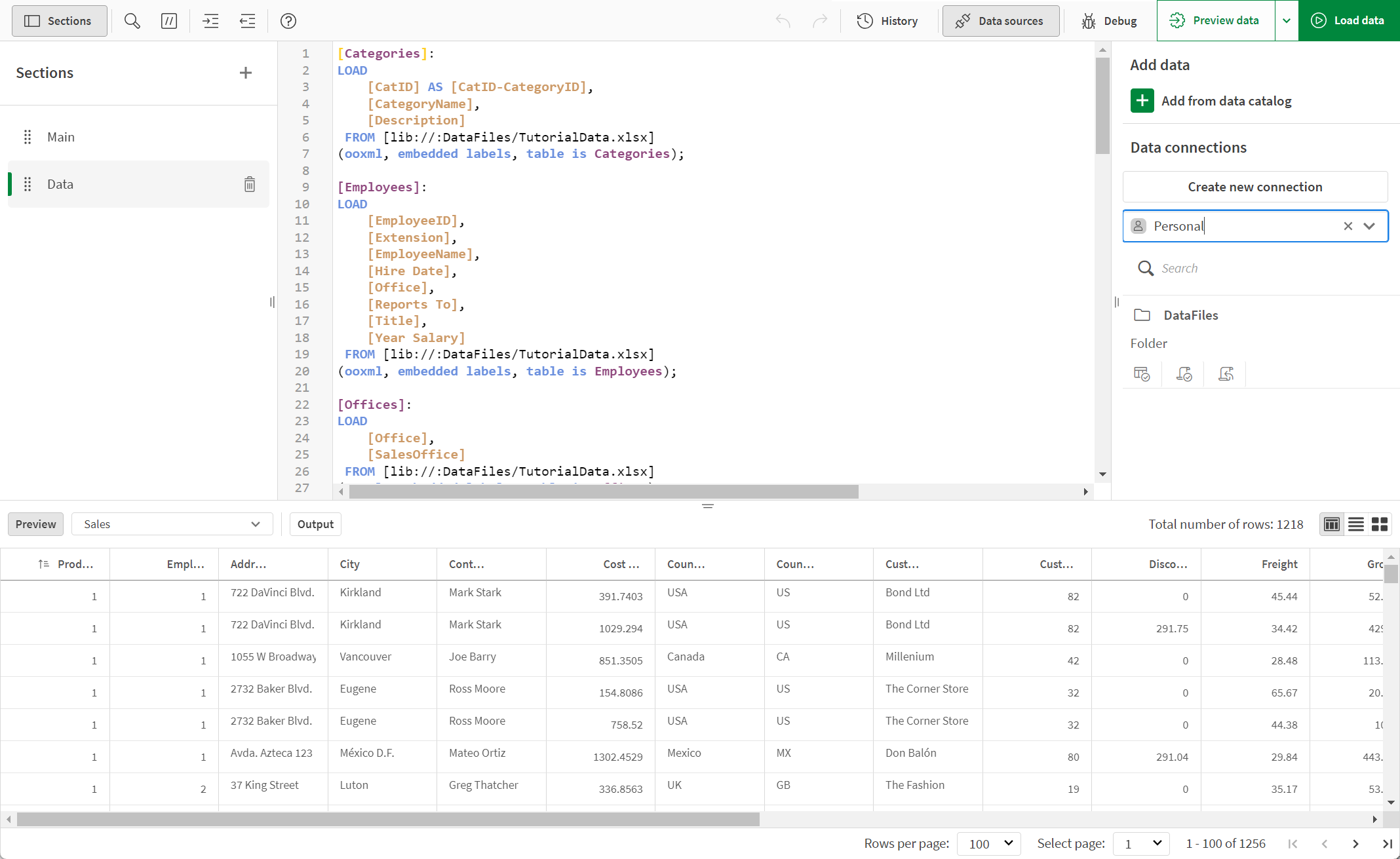 Preview of the loaded data, showing the table Sales in table view of Preview.