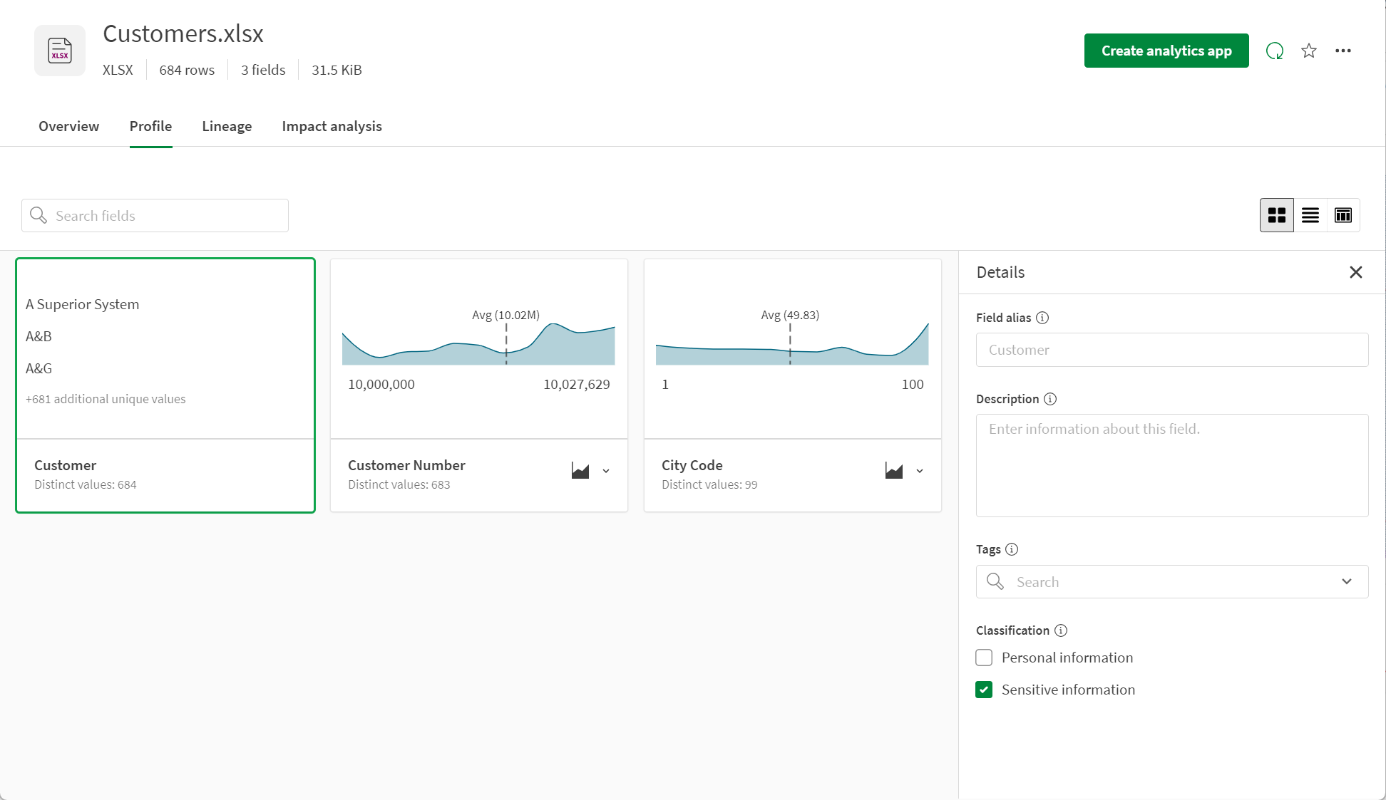 Select a field card in tile view to open the Details panel