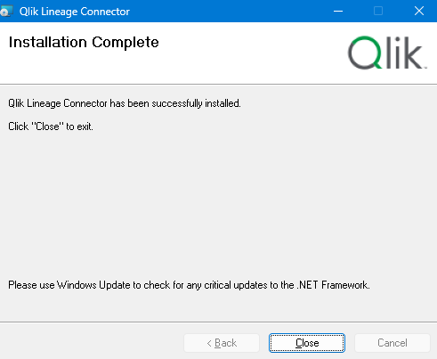 Qlik lineage connector screen install complete