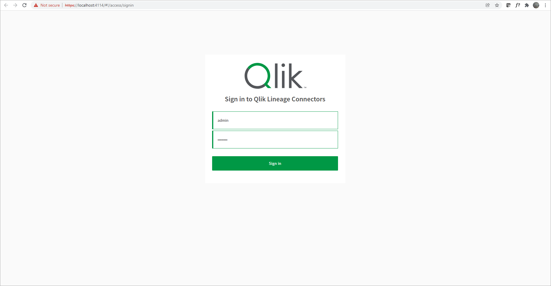 sign into Qlik Lineage Connectors webpage with admin credentials