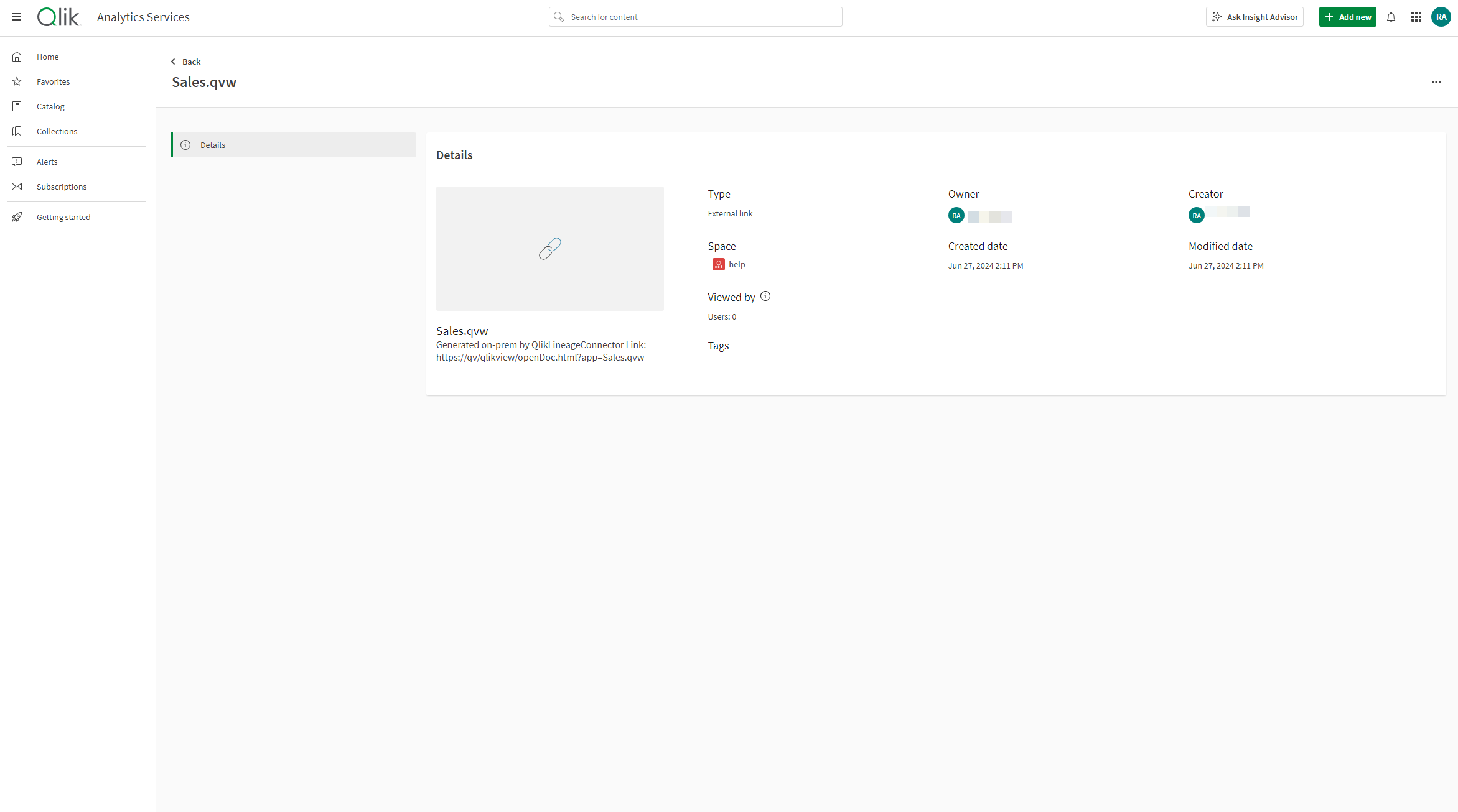 Click to view full size Link details display in Qlik Catalog Service