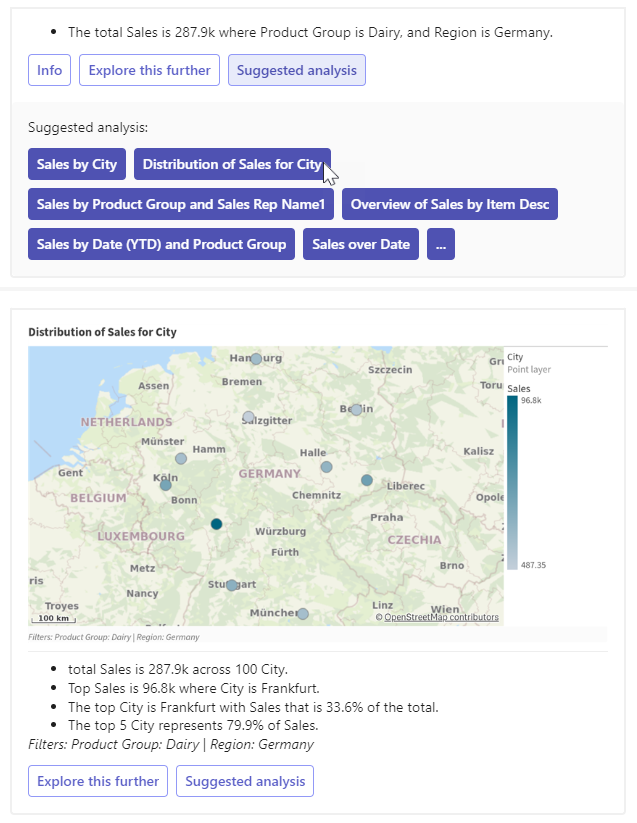 Interactive response card in Microsoft Teams, showing how the 'Suggested analysis' option can generate new analysis recommendations for deeper data exploration