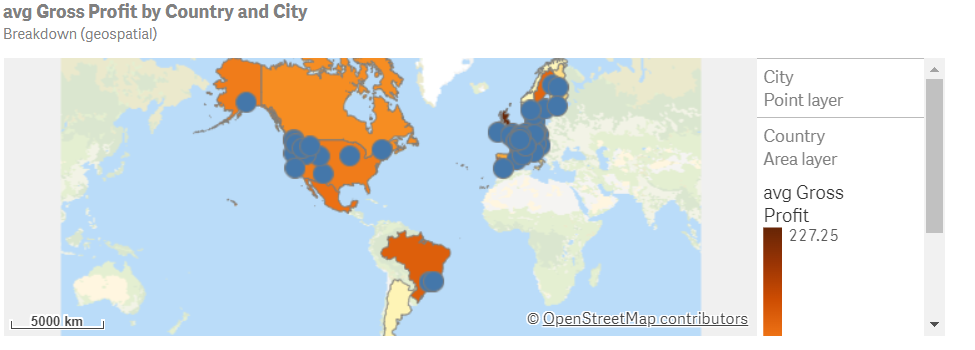 Geospatial analysis showing the average gross profit by country and city on a map.