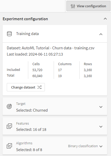 Experiment configuration panel with selected target and default feature selection