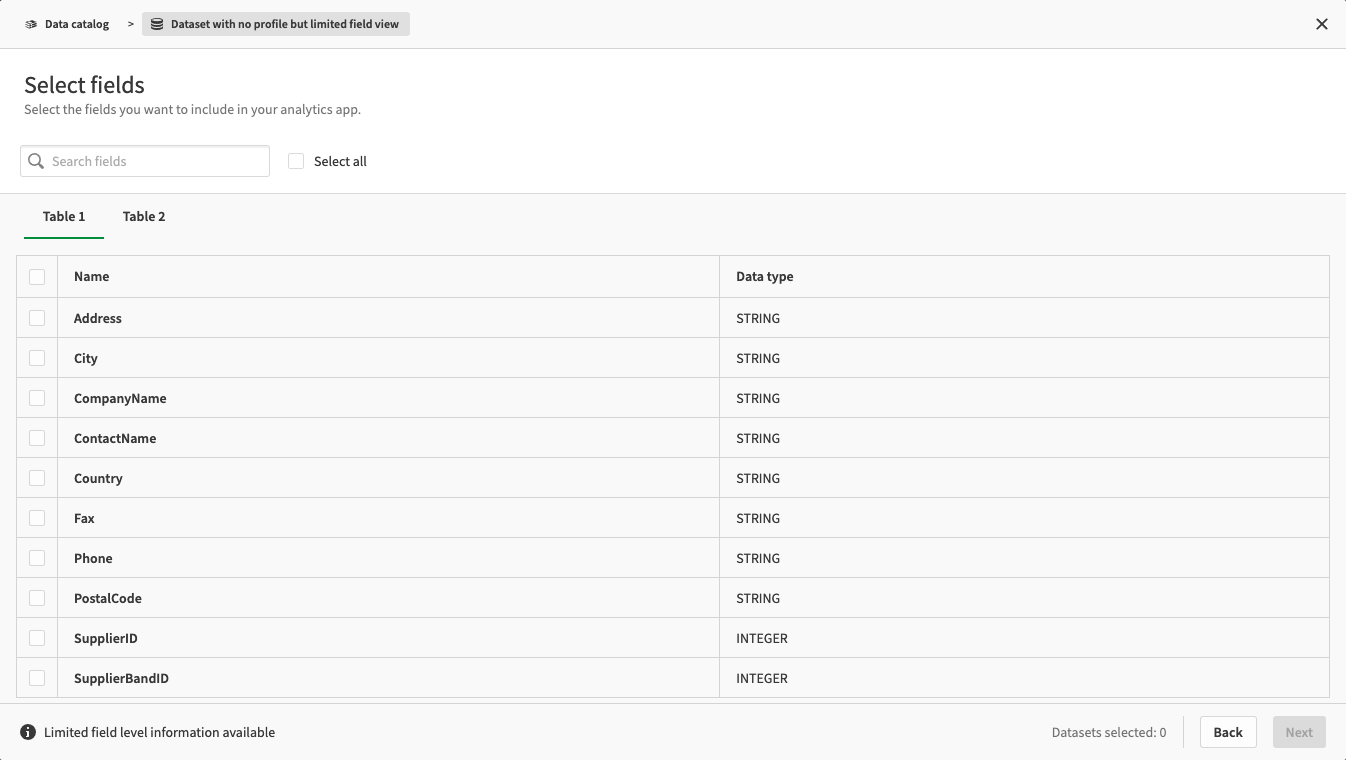 The limited data view of select fields in Data Catalog