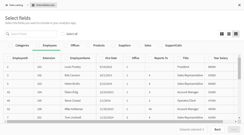 The table view of select fields in Data Catalog