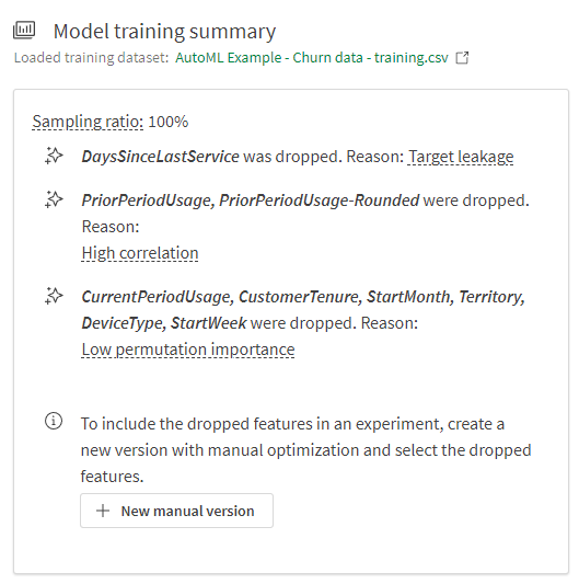 Training summary chart for top-performing model showing features dropped because of target leakage, high correlation, and low permutation importance