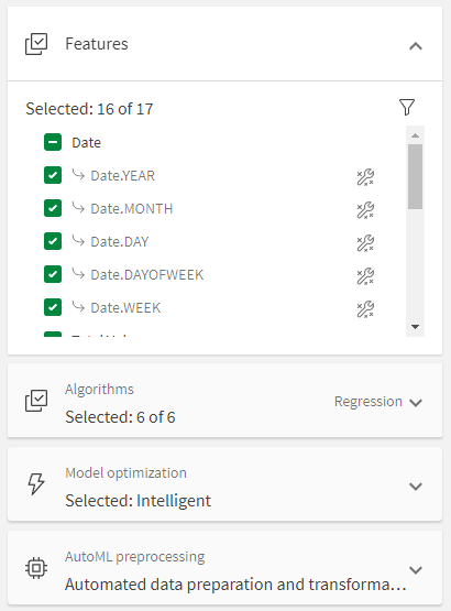 Features section in experiment configuration pane, showing Auto-engineered features.