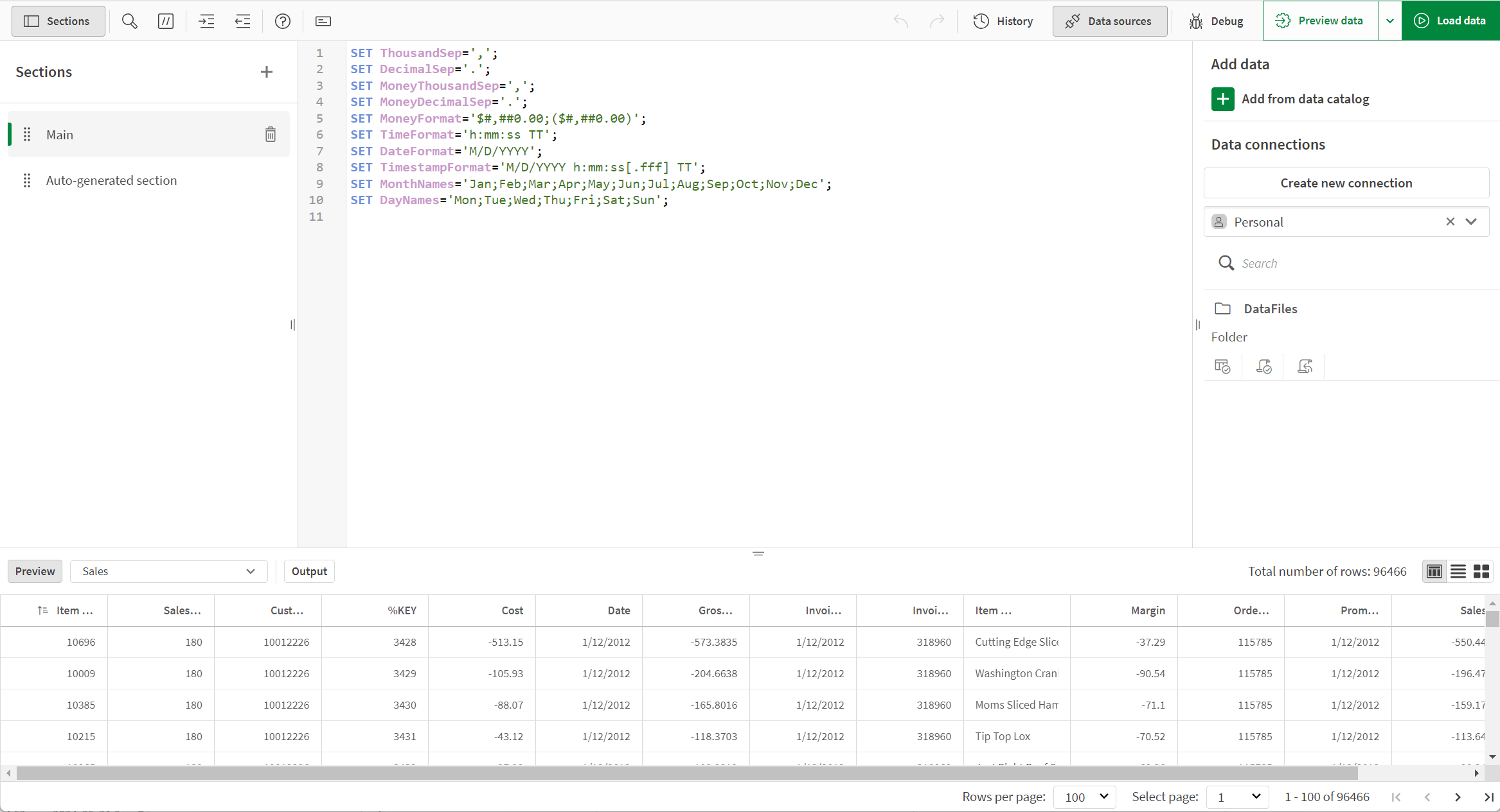 Data load editor, with data sources open 