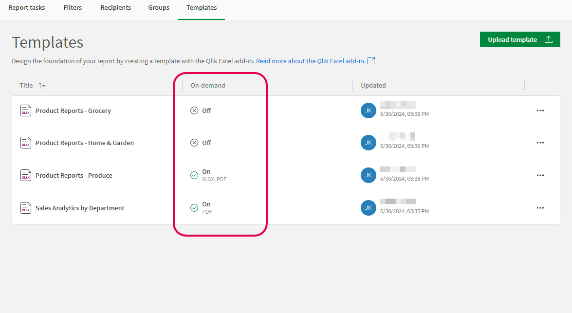 'On-demand' column in the 'Templates' tab in the Reporting section of a Qlik Sense app, showing templates with different on-demand settings (on with PDF and XLSX, on with PDF only, and off)