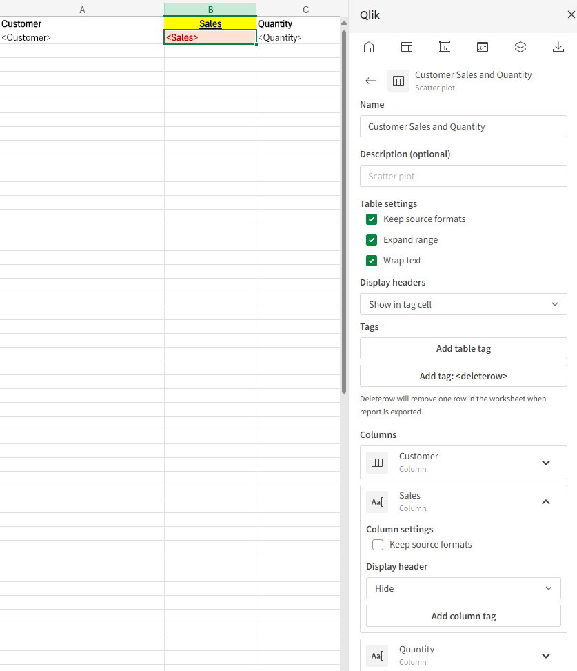 Report template showing individual column tags and headers with different formatting settings for each column