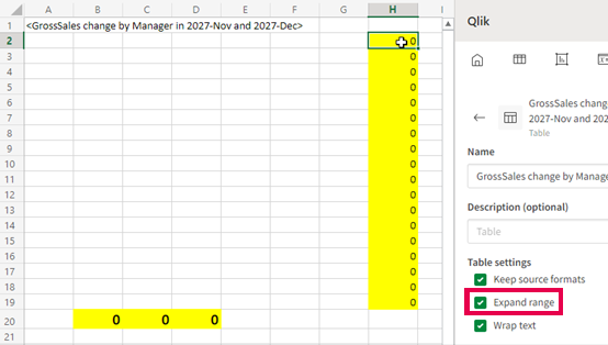 Report template with calculated cells which are outside the table columns. The calculated cells refer to the locations of cells within the table columns. The 'Expand range' setting is turned on in template, which will produce incorrect results