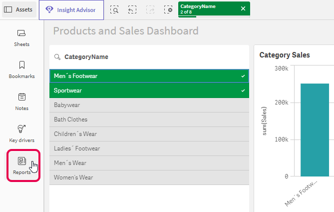 Clicking 'Reports' in the assets panel to open the on-demand report generation window