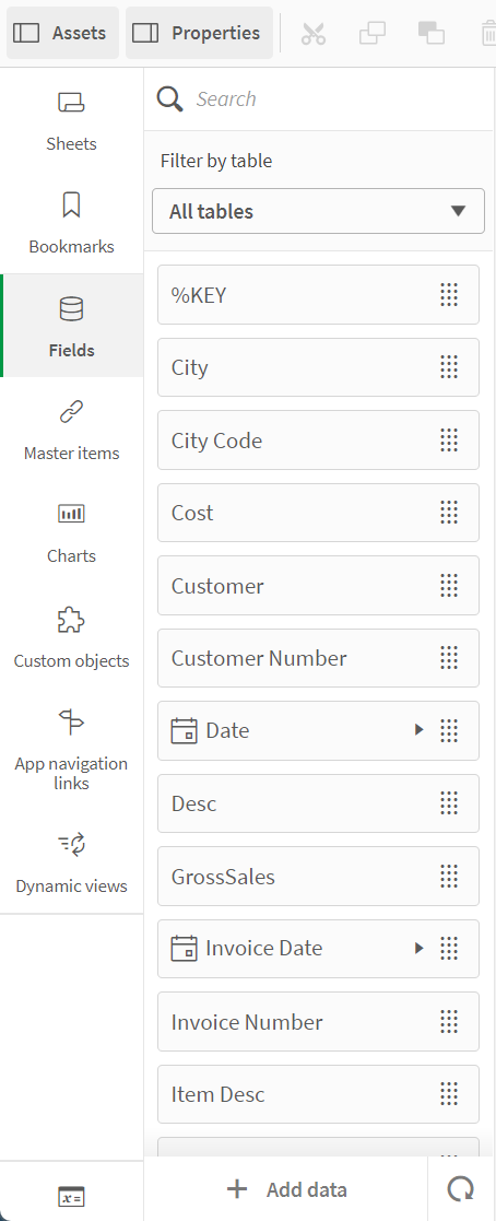 Assets panel in advanced sheet edit mode with Fields selected