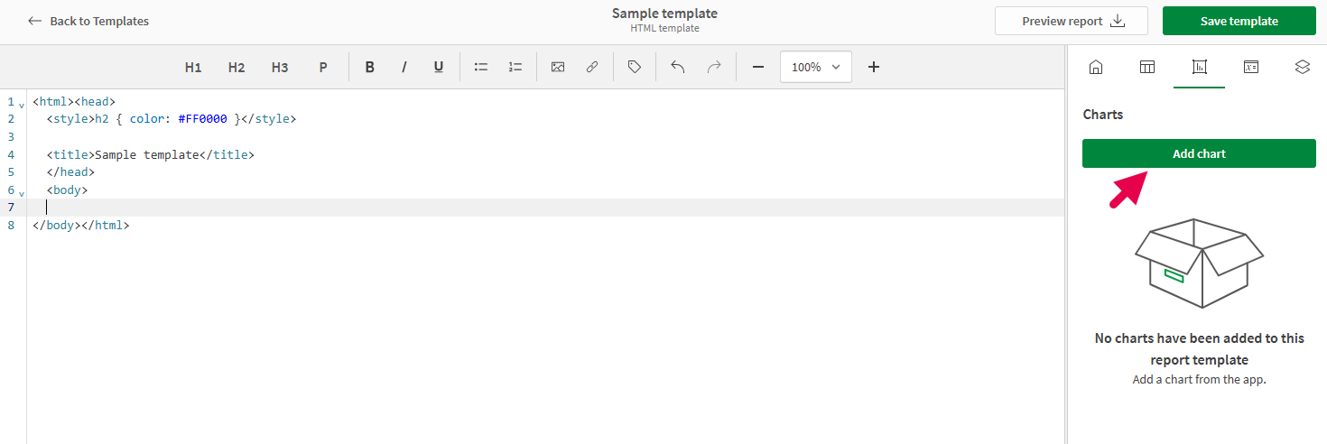 'Charts' tab in HTML designer, from which you can modify existing charts you have added, or add a new chart