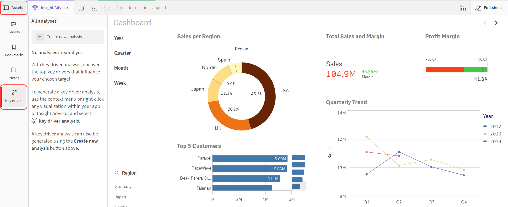 Analysis mode in sheet view within an app, showing expanded assets panel and key drivers panel popout, where you create and manage your analyses