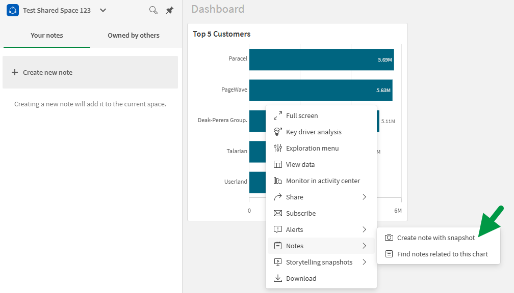 Click to view full size Creating a note with snapshot using a chart in the sheet.