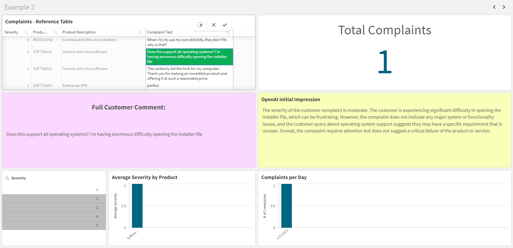 Interactive Qlik Sense app for using OpenAI to interact with app data. A single selection is made in the app, which triggers the OpenAI chart expression to be evaluated and provide a reponse on the general severity of the selected customer comment