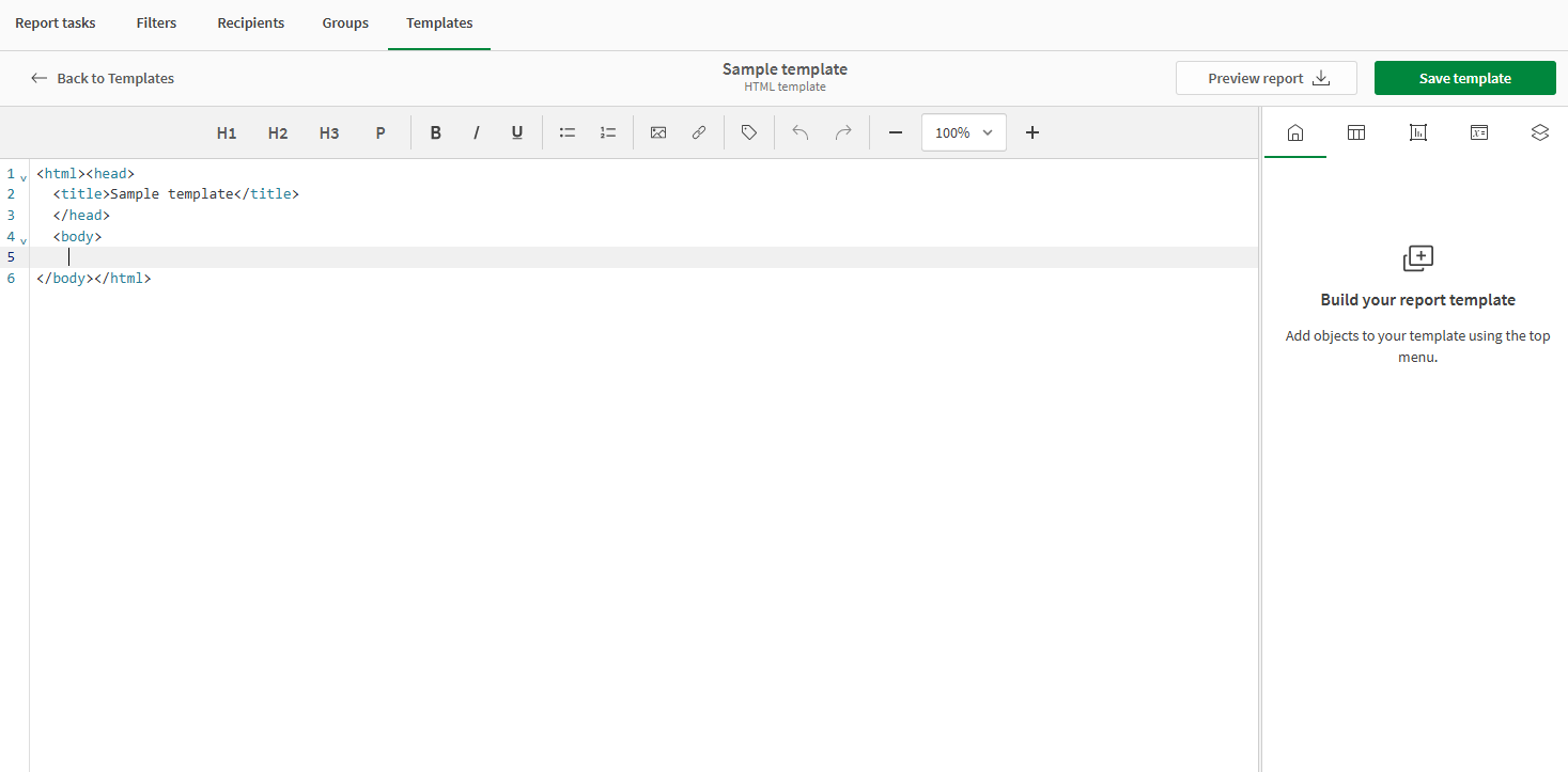 An image of the HTML designer, showing all elements that need to be mentioned, such as the design surface, toolbar, and the objects panel