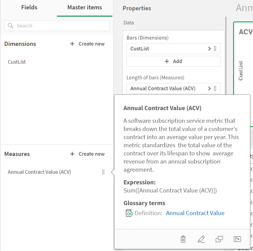The master measure Annual Contract Value is selected, showing the definition for Annual Contract Value from the term definition in the glossary.