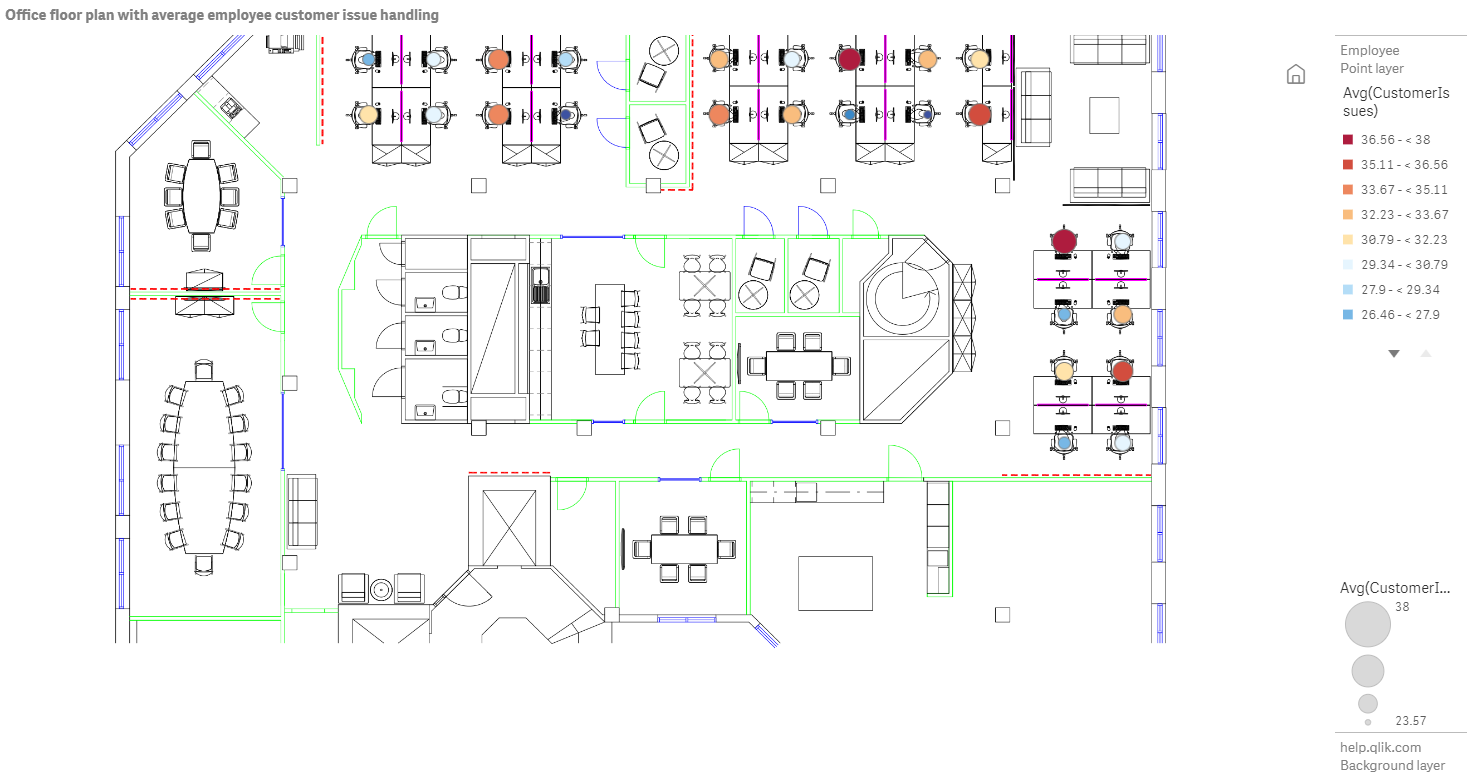 Map example with floor plan image background with a point layer showing employees sized by the number of customer issues they have resolved