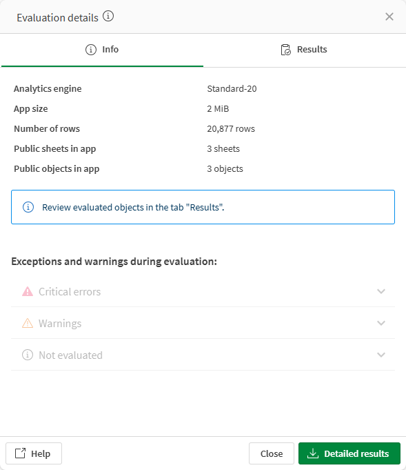 Performance evaluation details window showing the info tab.