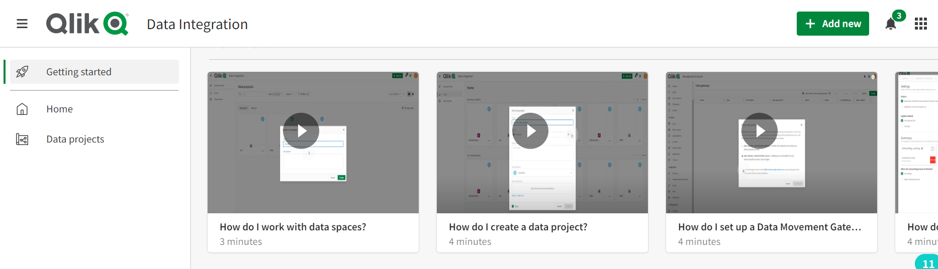 Screenshot of the Qlik Cloud hub with videos explaining how to use different features of Data Integration. 