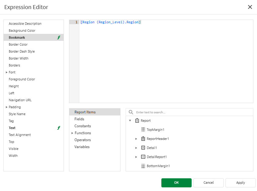 The Expression Editor showing the 'Bookmarks' configuration being edited. 'Bookmarks' is selected in the left side panel. The bookmark expression is entered in the editor as well