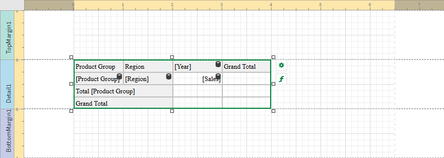 Report template showing the Cross Tab object after the object has been connected to the data binding. In this case, there are placeholder columns for headers, content, and automated totals