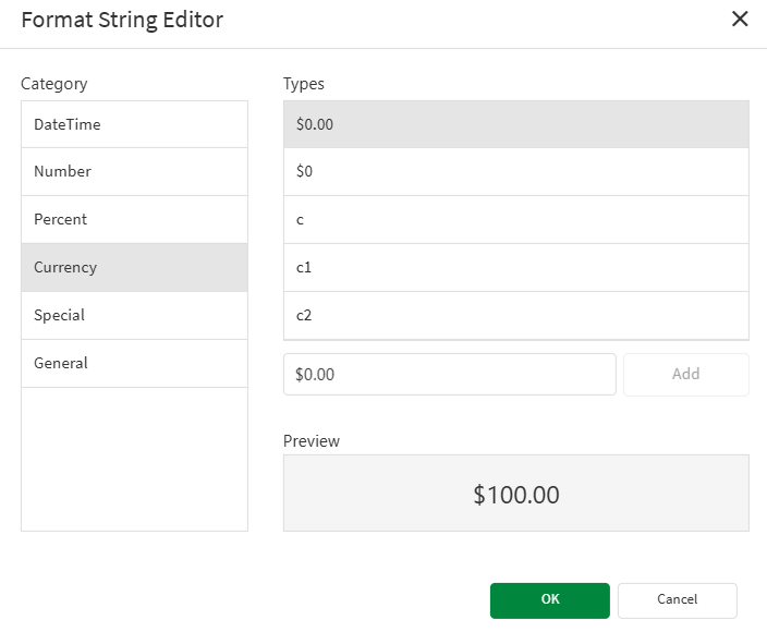 The Format String Editor dialog showing the options available for formatting text content