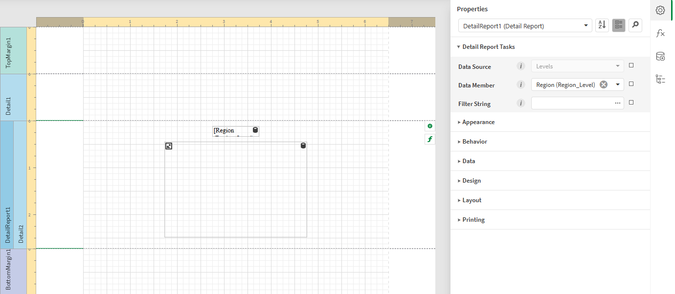 Report template with Detail1 band selected, and its properties opened on the right side panel. The properties show that the data binding has been connected to the band under 'Data Member'