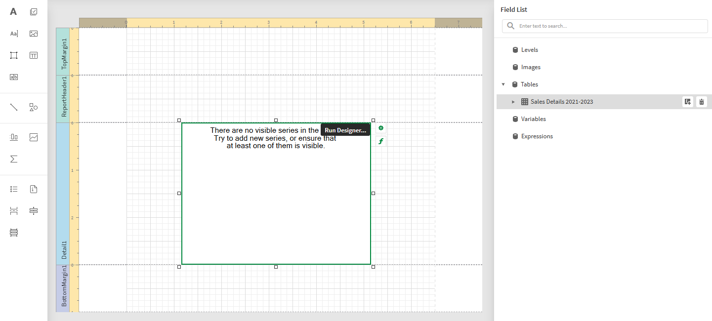 Report template with a blank Chart object added, along with the 'Field List' menu expanded on the right side panel showing the data binding we will use to connect to the chart