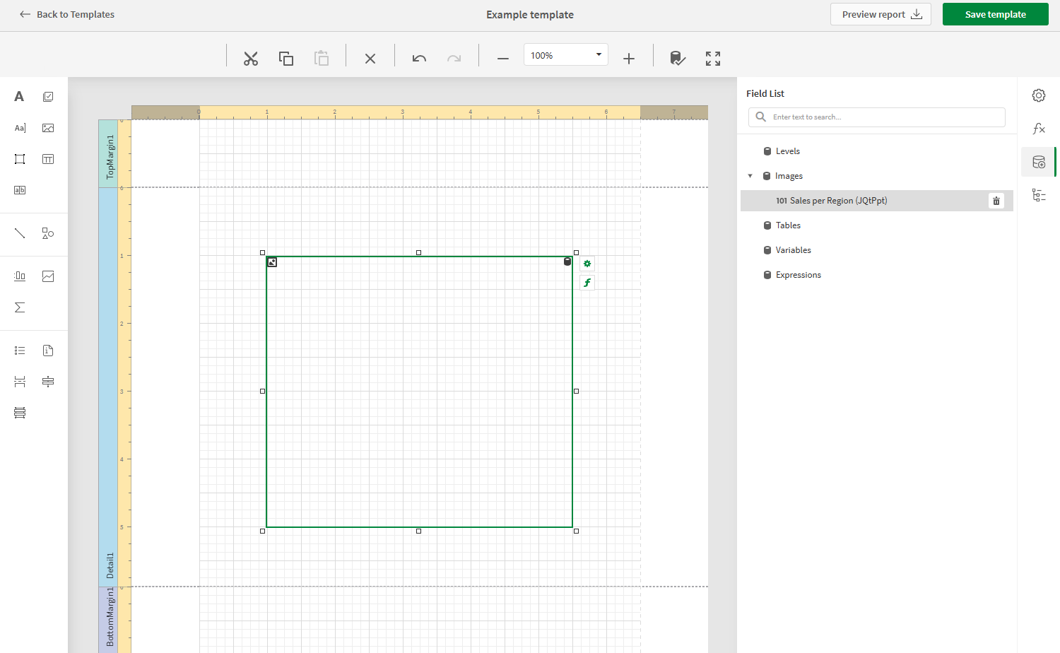 PixelPerfect report template with a chart image placeholder added to it. The 'Field List' menu is also open in the right side of the screen, showing the data binding used to create the chart image, under 'Images' node