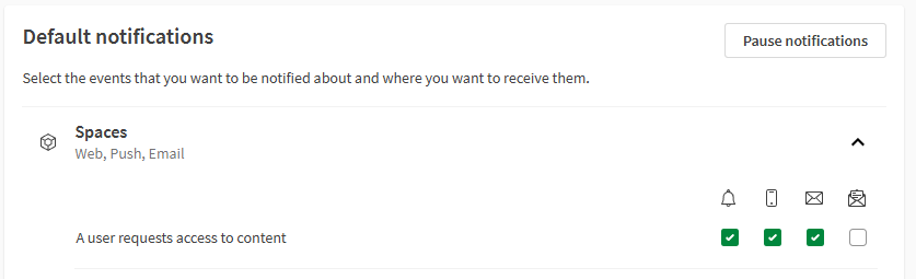 The checkboxes with notification preferences for when a user requests access to content.
