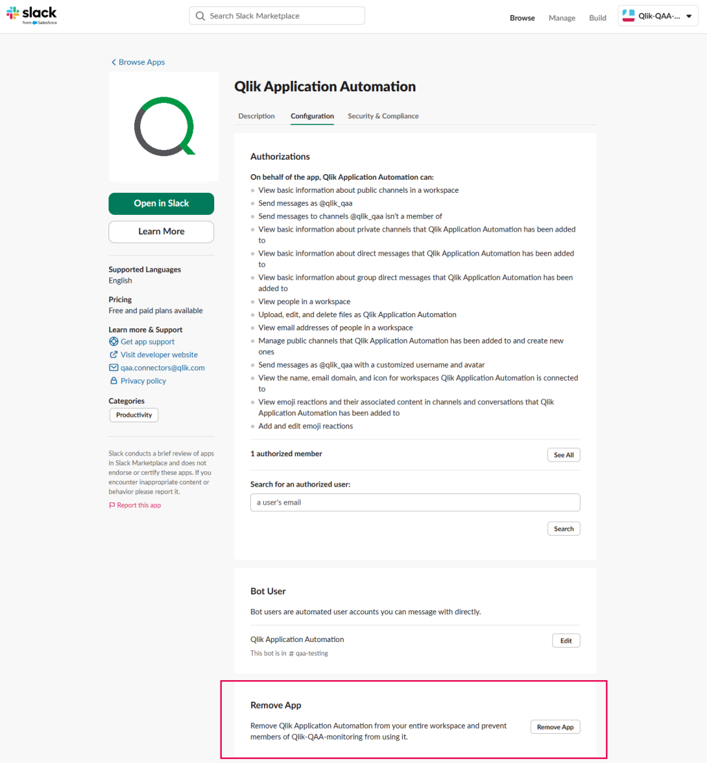 Unliking connection to Qlik Application Automation on Slack Marketplace