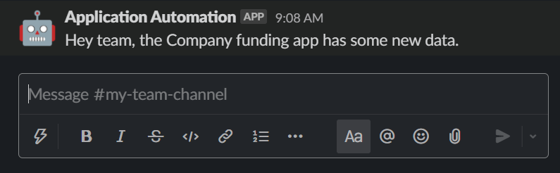 The Slack message from the automation bot after trigger from data reload
