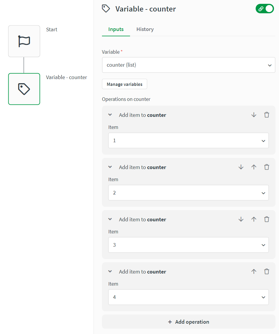 automation with variable block set to counter list