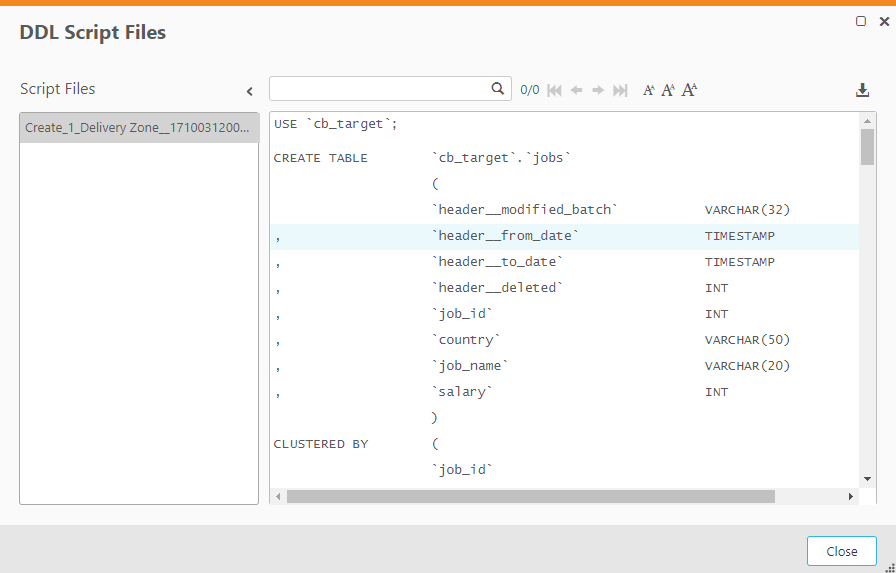 Example DDL Script Files dialog, with a Script Files list on the left and the selected script content visible on the right