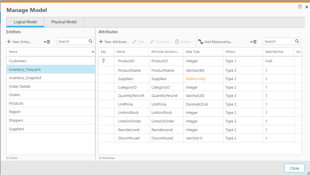 Manage model window showing duplicated entities.