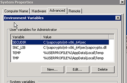 Windows System Properties menu, Advanced tab, with Environment Variables dialog opened and SECUDIR variable set to library path