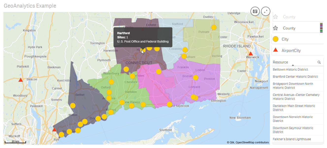 Drilled-down view of the state map, displaying a bubble view only when zoomed in, which displays bubbles for each city/ historic site