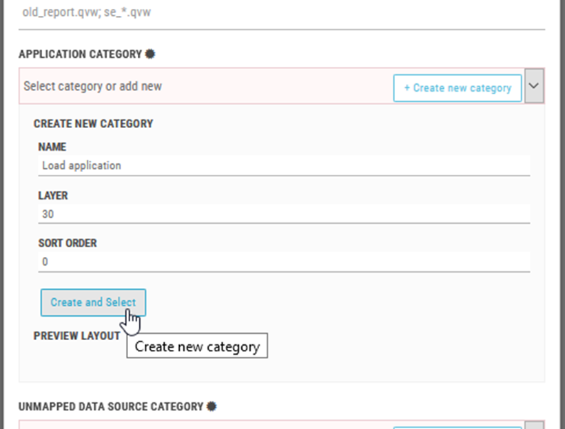 Click to view full size The Application Category section, with fields for Name, Layer, and Sort Order. At the bottom, the Create and Select button is selected.