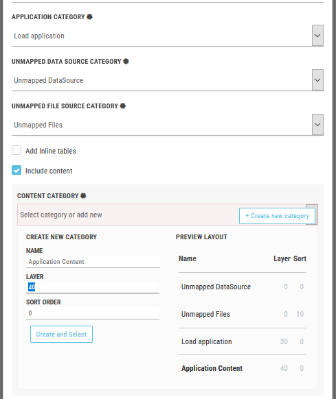 Click to view full size The preview layout. The categories Unmapped DataSource, Unmapped Files, and Load application are loaded above the Application Content.