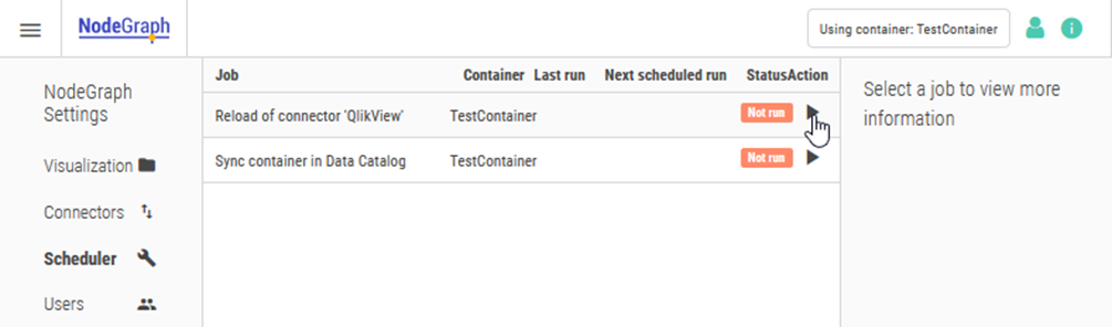 Click to view full size The NodeGraph Scheduler. Two jobs, Reload of Connector Qlikview and Sync Container in Data Catalog, are visible.