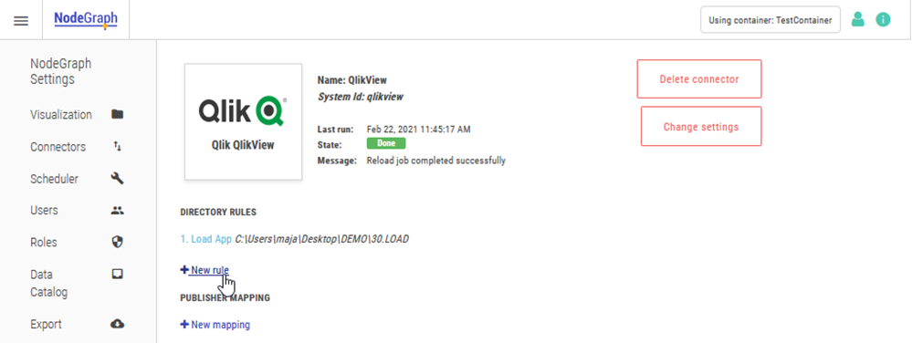 Click to view full size Adding a new rule to the QlikView connector by clicking on the New Rule link on the QlikView connector page.