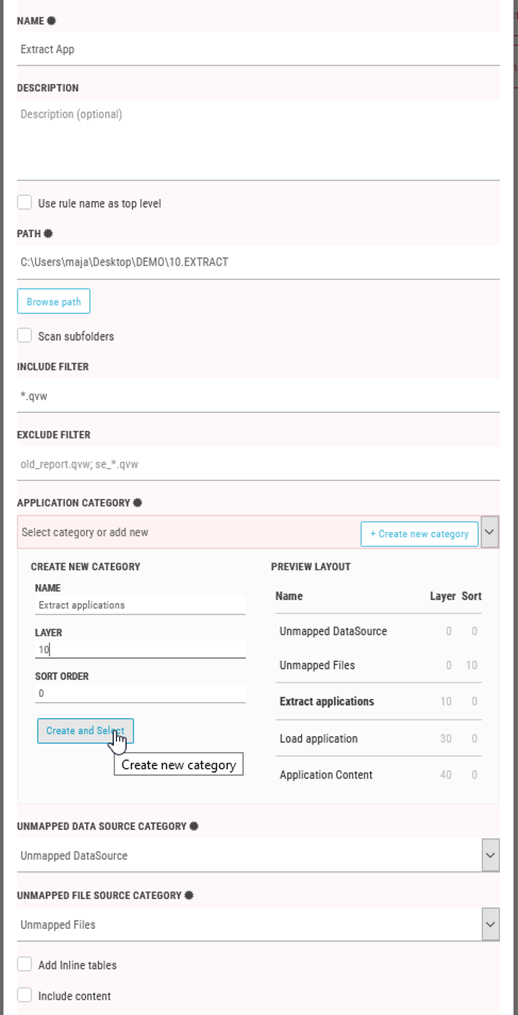 Click to view full size Creation of the Extract applications category.